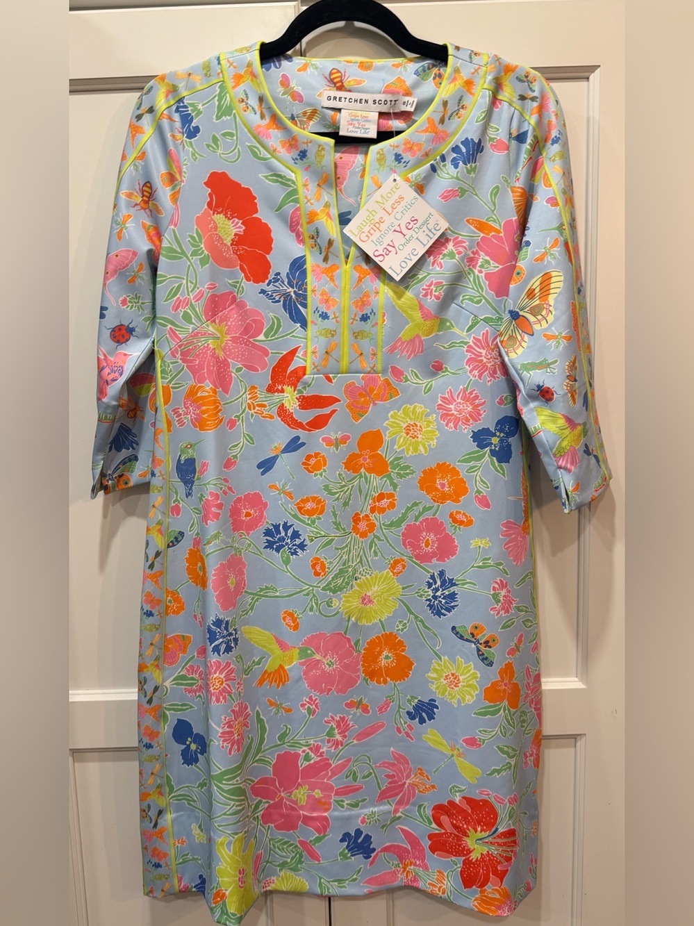 Gretchen Scott Designs Pastel Blue Floral Shift Dress with Multi-Color Blooms